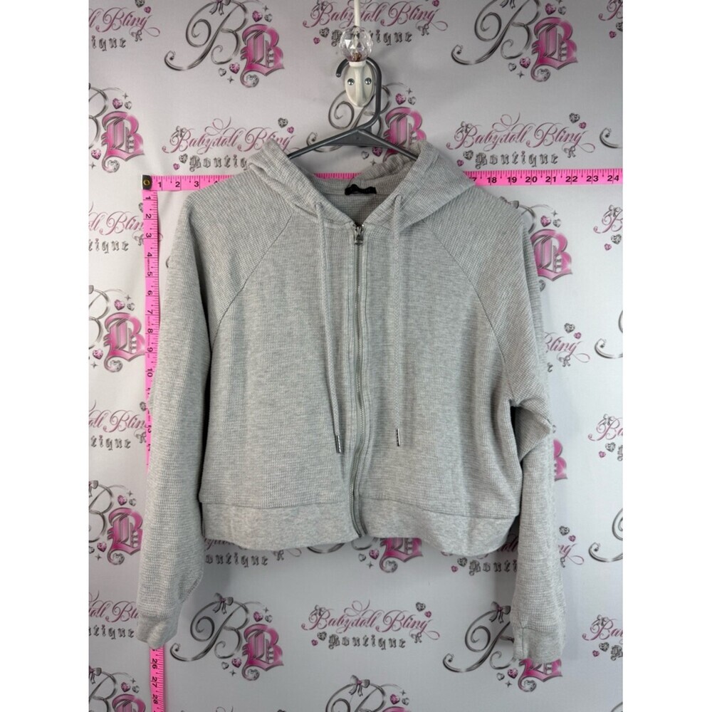 Dynamite Cropped Zip up Hoodie Light Gray with drawstring casual look